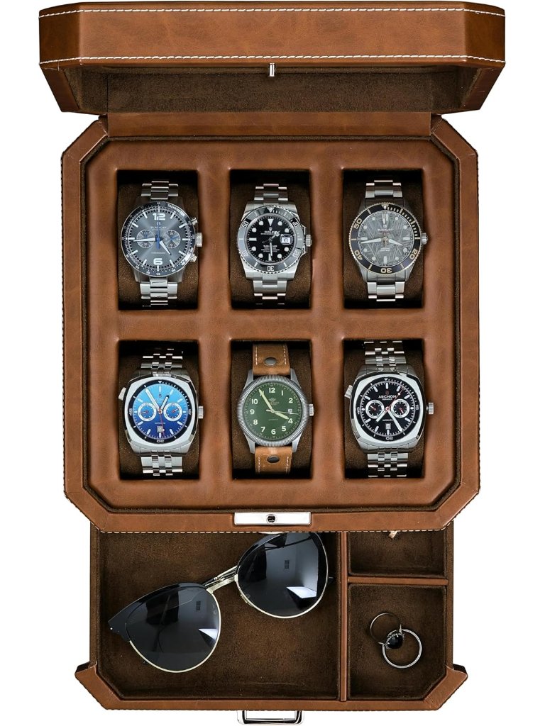 6 Slot Leather Watch Box With Valet Drawer  Luxury Case Display Organizer Micr